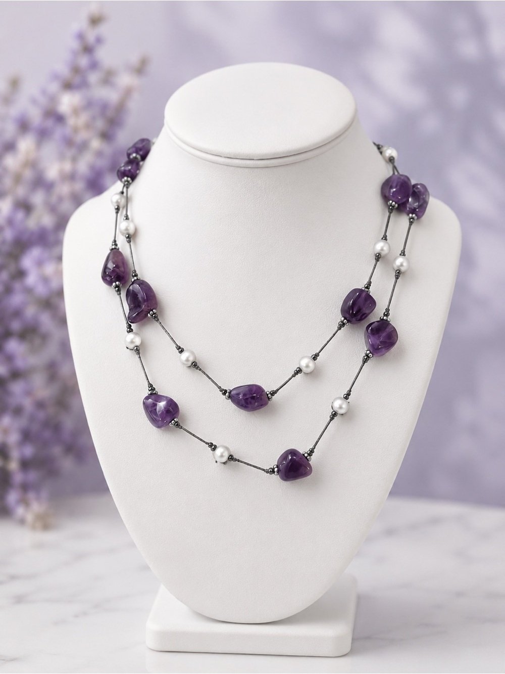 Purple Amethyst & Pearl Long Hand Knotted Strand Necklace